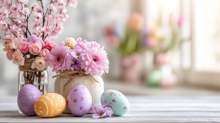 Celebrate Easter with vibrant pastel eggs and delightful floral arrangements, perfect for springtime greetings and joyful family gatherings, a cheerful and festive scene