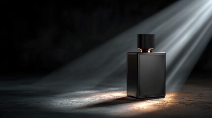 Sleek black perfume bottle shines under spotlight, capturing modern elegance and luxury, perfect for cosmetic ads or sophisticated product promotions in the beauty industry
