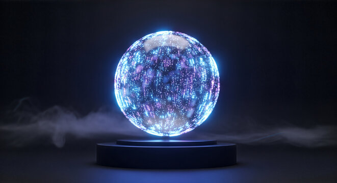 Futuristic glowing blue sphere on a dark pedestal with smoke representing advanced technology and energy.