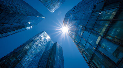 Gleaming glass skyscrapers reaching towards a bright sun architecture blue sky