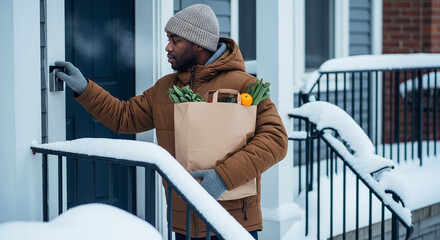 Courier ringing doorbell holding paper bags, winter delivery and grocery service in snowy neighborhood