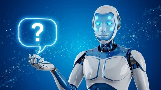 Robot Assistant with Question Mark Speech Bubble AI & Tech Support in the Digital Age