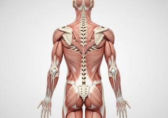 Posterior view of human musculature and skeletal system, detailed anatomy