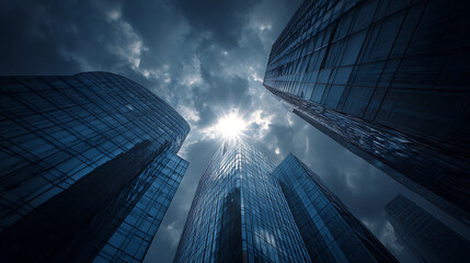 Gleaming glass skyscrapers reaching towards a bright sun blue clouds