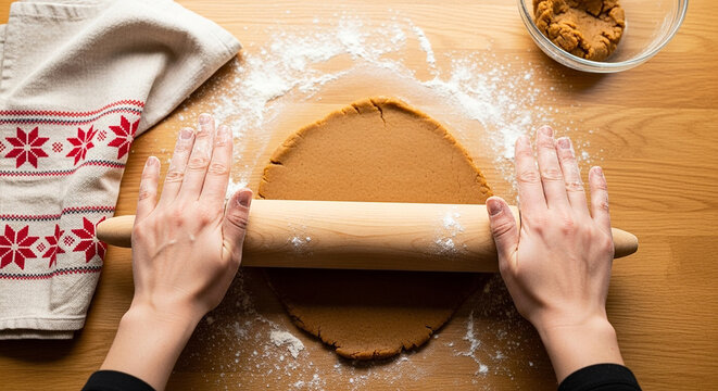 Rolling gingerbread dough with wooden rolling pin in kitchen, holiday baking and culinary preparation