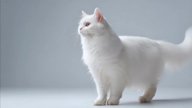 Fluffy white cat exploring a bright indoor space with curiosity