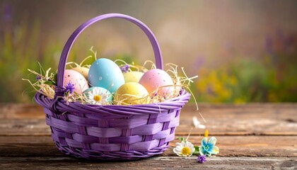 A rustic wooden table displays a charming purple woven easter basket overflowing with colorful painted eggs and straw set against a soft blurred floral background