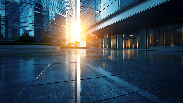 Gleaming glass skyscrapers reflect golden sunlight modern architecture corporate buildings