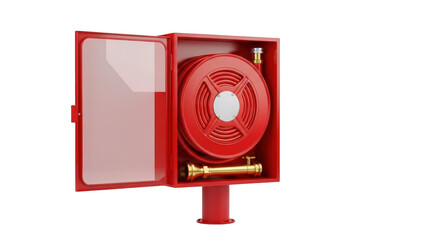 Red fire hose reel cabinet with open door on a black background