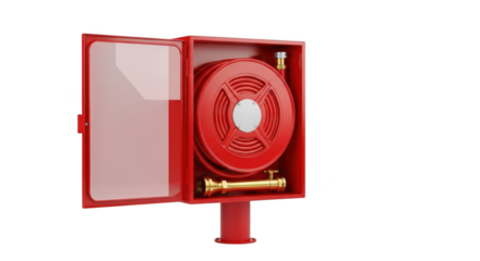 Red fire hose reel cabinet with open door on a black background