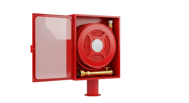 Red fire hose reel cabinet with open door on a black background
