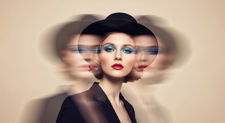A dramatic fashion portrait shows a woman in a black hat and blue makeup with a surreal motion blur effect