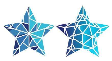 Two blue star shapes composed of geometric triangles with white lines
