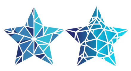Two blue star shapes composed of geometric triangles with white lines