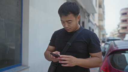 Man holding smartphone in both hands and glancing up amid parked cars on a sunlit city street; urban curiosity.
