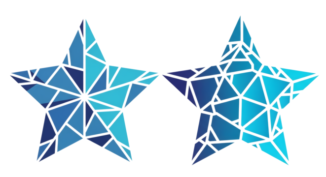 Two blue star shapes composed of geometric triangles with white lines