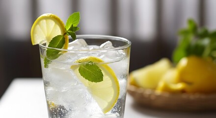 Refreshing Glass of Lemonade with Ice and Mint, Close-up Shot