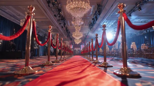 Elegant Red Carpet Pathway Illuminated by Chandeliers and Dramatic Lighting Leading Towards a Grand Ballroom Entrance with Velvet Ropes and Ornate Flooring
