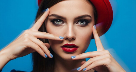 Portrait of a woman with striking blue eyes and red lips, wearing a red hat, with blue-nailed hands framing her face in a dynamic motion blur against a blue background