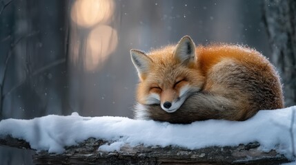 red fox lounging on frozen forest log during winter morning