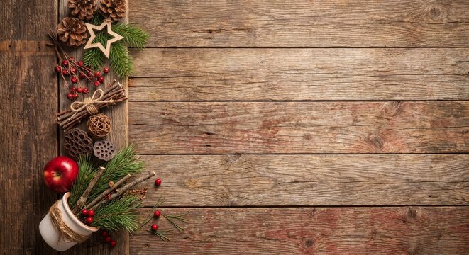  Natural Christmas Garland with Pine Cones on Wooden Background