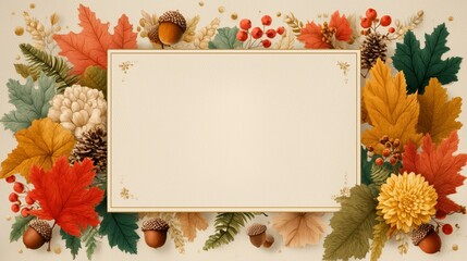 Elegant Horizontal Autumn Frame Template. Fall Leaves, Flowers, and Acorns Border.