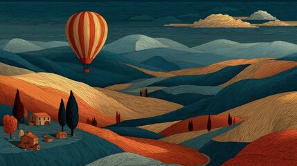 Hot Air Balloon Flying Over Scenic Autumn Valley Landscape. Minimalist Graphic Illustration.