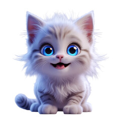 Adorable 3D cartoon kitten with huge blue eyes, fluffy white fur, and a cheerful smile