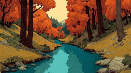 Graphic Illustration of Clear River Flowing Through Autumn Forest Valley.