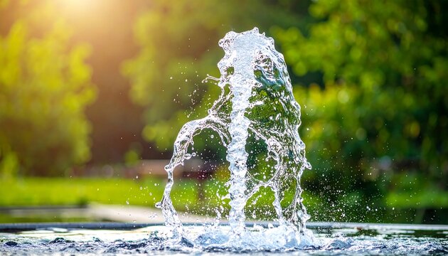 A dynamic water fountain spraying upwards in a lush green park with sunlight filtering through trees