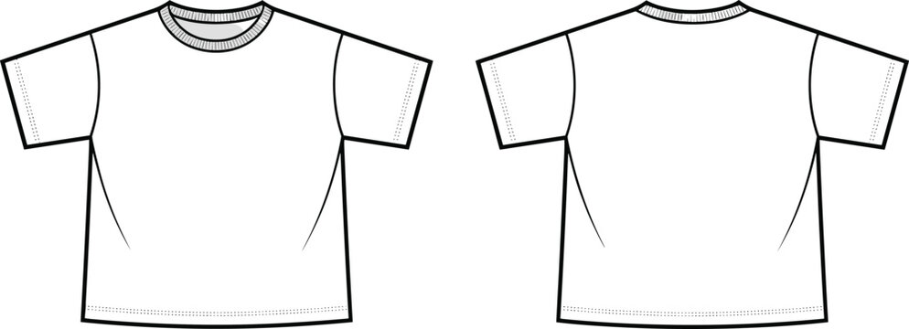 Minimalist T-shirt template CAD drawing flat vector illustration showing front and back technical sketch for apparel design, fashion drafting reference.