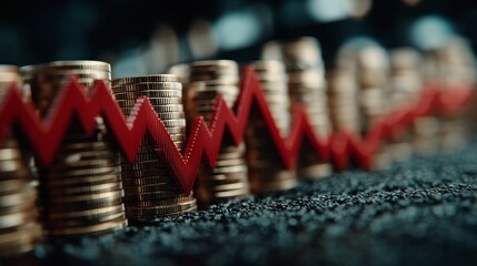 Financial Market Volatility: Red Fluctuating Graph Line Over Stacks of Gold Coins.