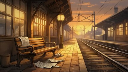 Nostalgic Train Station Scene at Sunset - Powered by Adobe