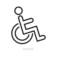 Disabled line icon. Black outline sign. Person, invalid / wheelchair symbol. Medicine, medical, hospital, disability concept. Vector illustration. Editable stroke. Isolated on a white background.