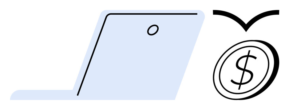 Minimalist laptop beside coin imagery signifies online income, fintech, remote work, investment platforms, digital banking, and payment systems. Ideal for e-commerce, digital solutions, finance - Powered by Adobe