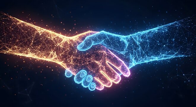 Digital handshake between two glowing abstract hands made of light particles representing technology, connection, and partnership in dark - Powered by Adobe