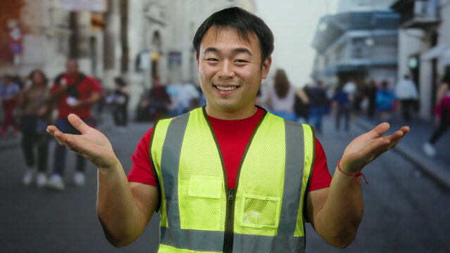 Young man in a city street wearing a reflective vest with a cheerful expression and open hands amid an urban backdrop with passersby and buildings in view.