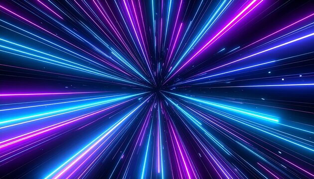 A vibrant digital illustration showcases a tunnel of neon light streaks, bursting outwards from a central point