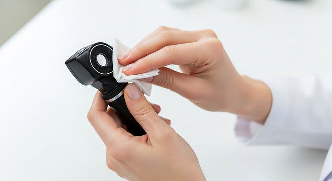 Trichologist disinfecting trichoscope before use, hygiene and preparation in healthcare practice