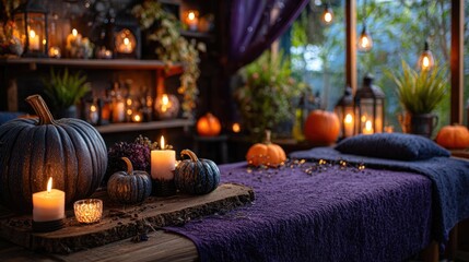 Cozy Candlelit Halloween Spa Interior with Pumpkins and Warm Decor