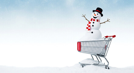 Happy snowman in shopping trolley with snow, winter retail and holiday marketing concept