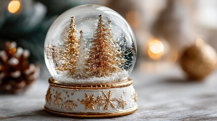Decorative Snow Globe with Golden Christmas Trees and Festive Details