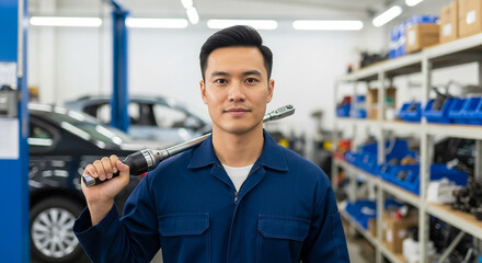 Auto mechanic holding torque wrench in garage, car maintenance and repair service