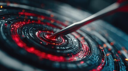 Futuristic Arrow Striking Digital Target with Glowing Red Technology Rings