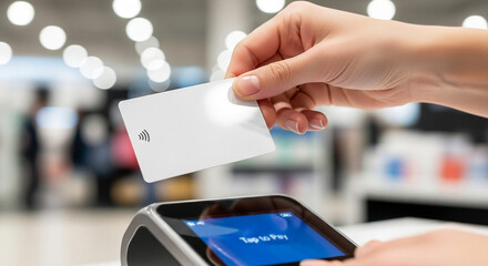 Hands holding contactless card near payment sensor, digital transaction and modern retail technology