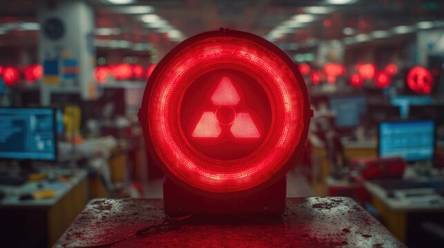 Red Radiation Warning Light in Industrial Control Room