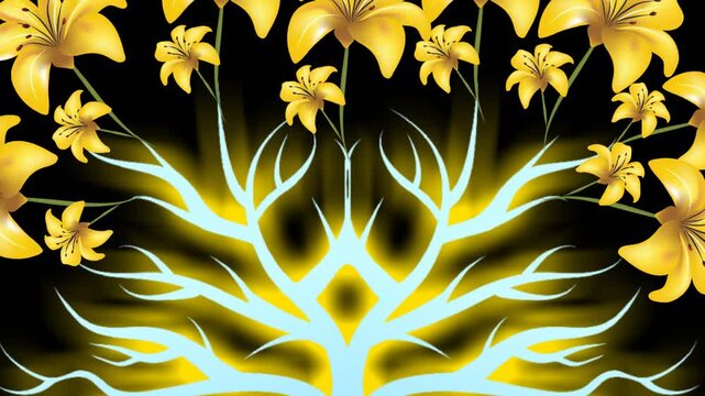draw set of yellow lily flower decorate on stylish surface on black screen background
