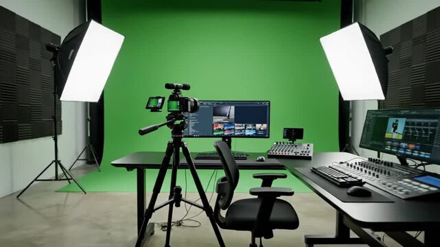 Professional video production studio setup with green screen