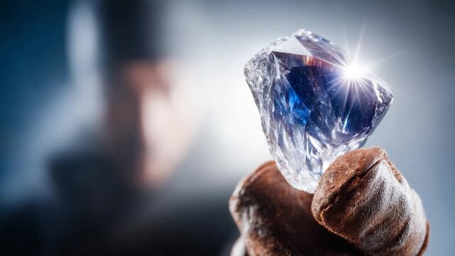 The Glimmering Gem: A person delicately holds a radiant, multifaceted gemstone, showcasing its clarity and brilliance. The lighting enhances the sparkle and allure of this precious stone.