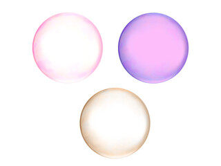 Obraz premium Vector Illustration of three soap bubbles pink, purple and orange on transparent or white background, png file